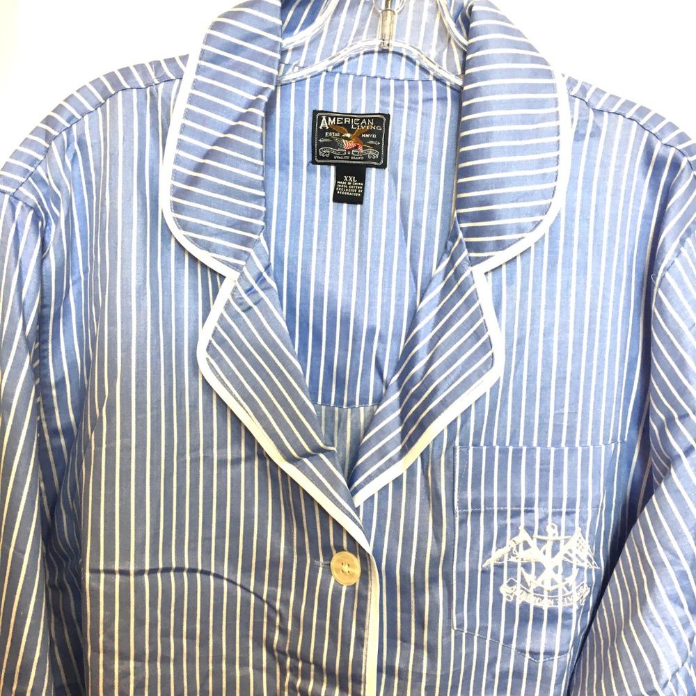 American Living Blue & White Striped Cotton Pajama Set with Contrast Piping - Picture 2 of 11